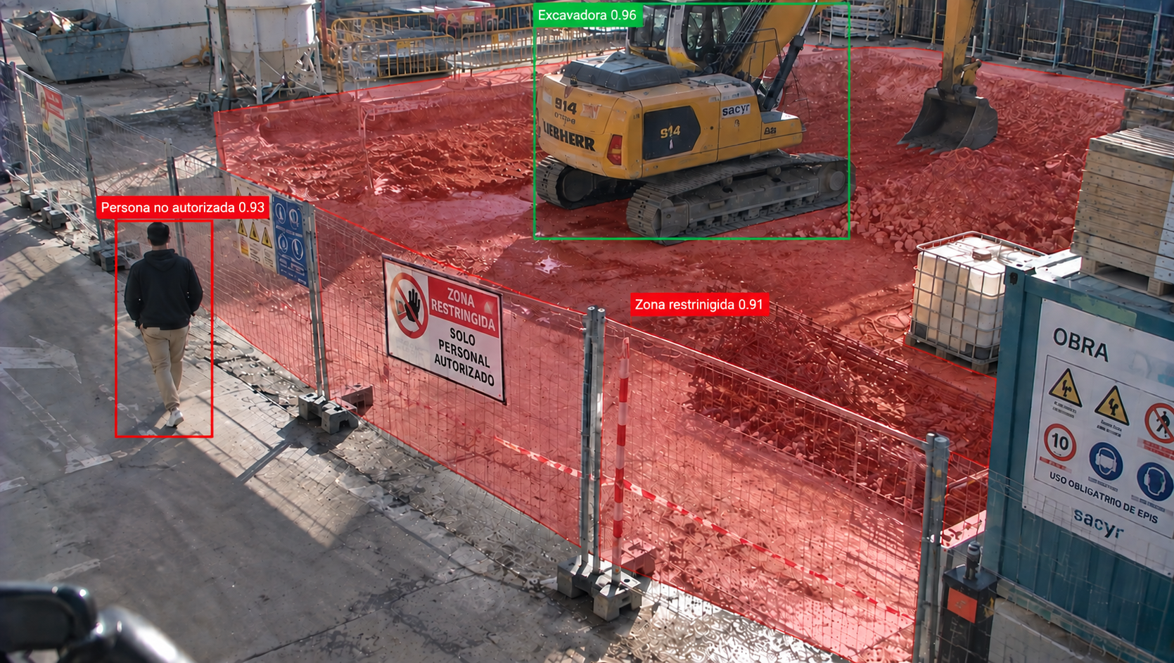 Zona restringida alrededor de una excavadora en obra, marcada en rojo por Safe