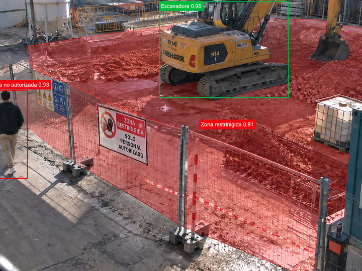 Zona restringida alrededor de una excavadora en obra, marcada en rojo por Safe