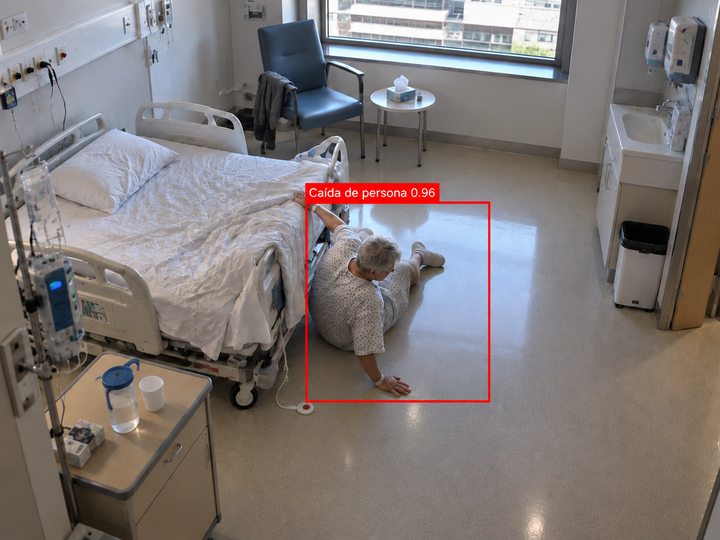 Paciente caído junto a la cama en una habitación de hospital, detectado por Safe