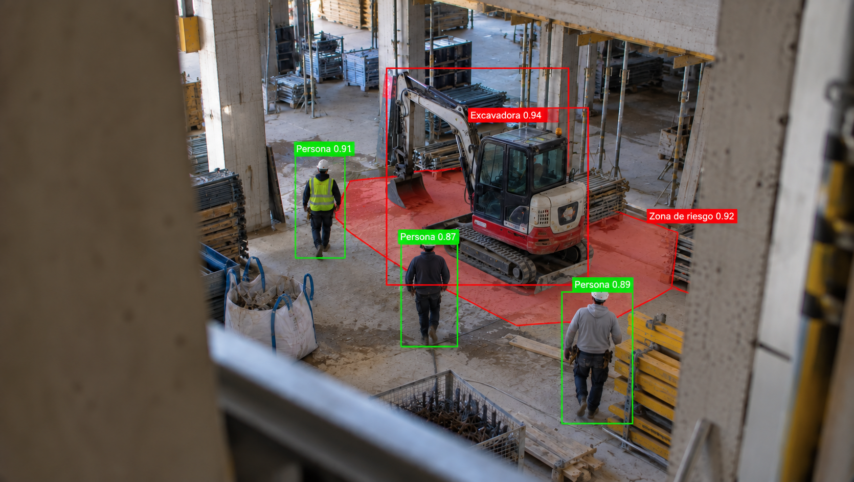 Excavadora y trabajadores detectados en una obra para prevenir atrapamientos