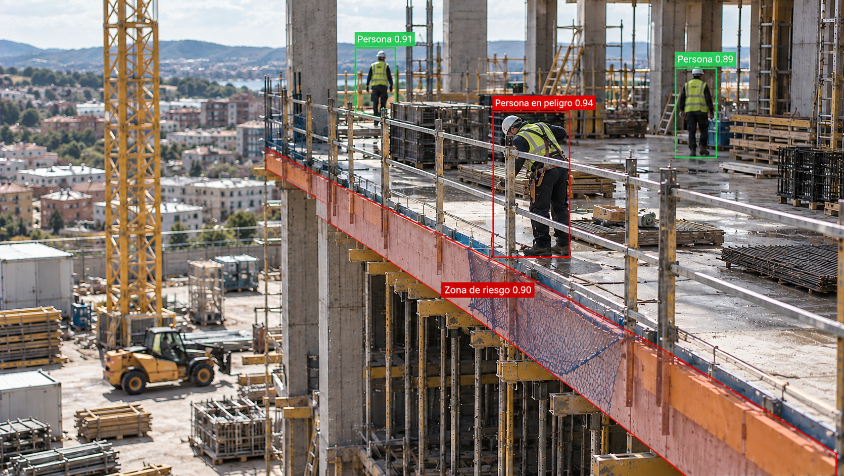 Trabajadores junto al borde de un forjado en obra, con riesgo de caída a distinto nivel detectado