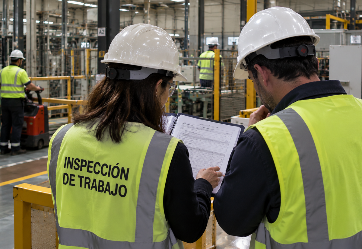 Inspectores de trabajo revisando documentación de prevención de riesgos laborales en una planta industrial.