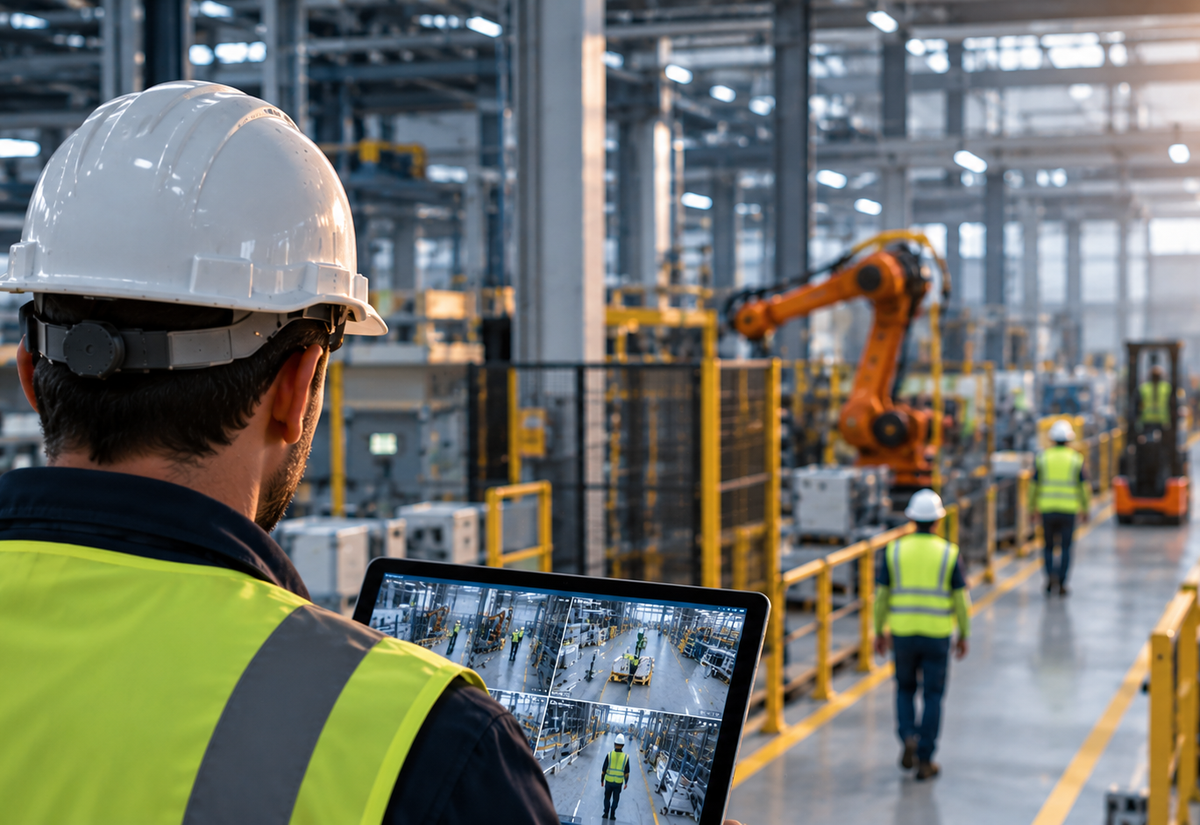 Supervisor de seguridad con casco y chaleco de alta visibilidad supervisando una planta industrial con robots, trabajadores y sistemas de visión artificial.