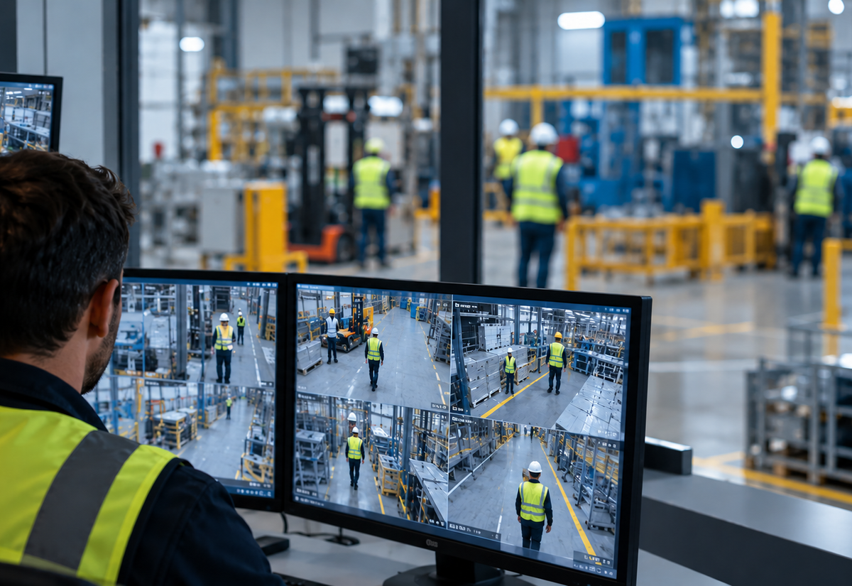 Responsable de seguridad supervisando sistemas de videovigilancia en una planta industrial para proteger los datos de los trabajadores y cumplir con el RGPD.
