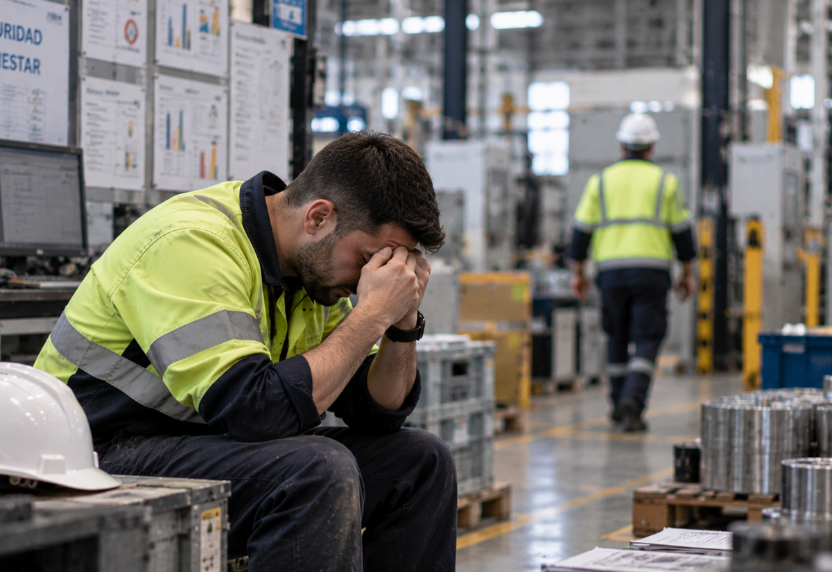 Trabajador industrial mostrando signos de estrés y agotamiento en una fábrica, en un entorno que refleja la importancia de prevenir los riesgos psicosociales y proteger la salud mental en el trabajo.