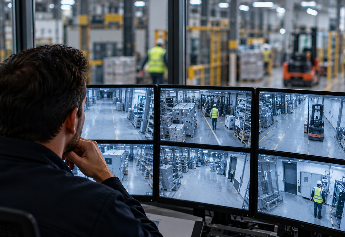 Responsable de seguridad supervisando varias cámaras de videovigilancia en una planta industrial.