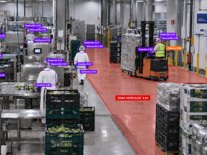Planta alimentaria con operarios y carretillas detectados por Safe