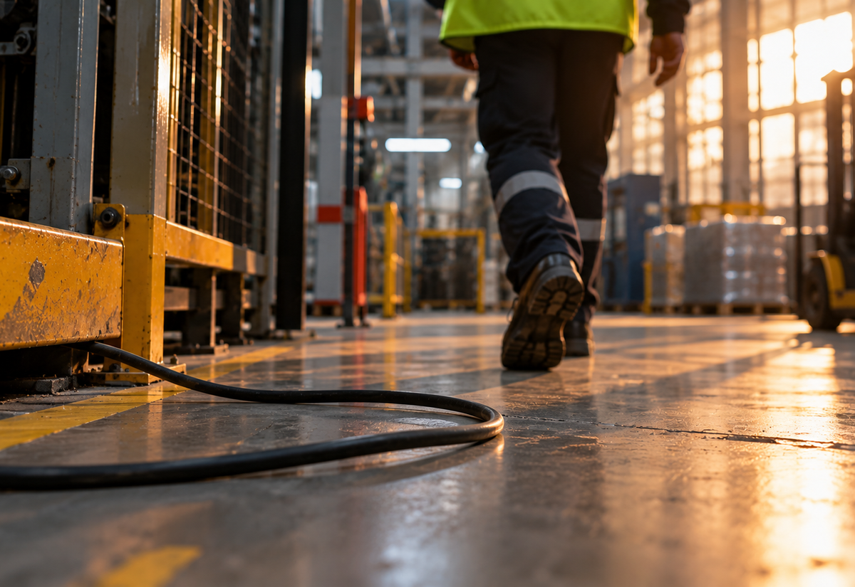 Cable en el suelo de una planta industrial creando un riesgo de tropiezo mientras un trabajador camina cerca.