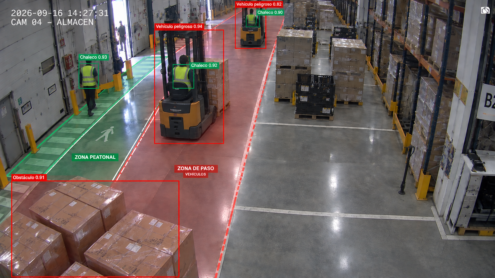 Almacén con carretillas y zonas de riesgo detectadas por Safe