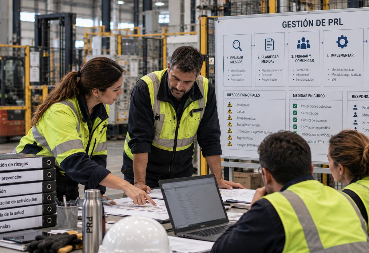 Equipo de responsables de una fábrica organizando la prevención de riesgos laborales mediante la revisión de evaluaciones de riesgos, medidas preventivas, formación y seguimiento de la seguridad.