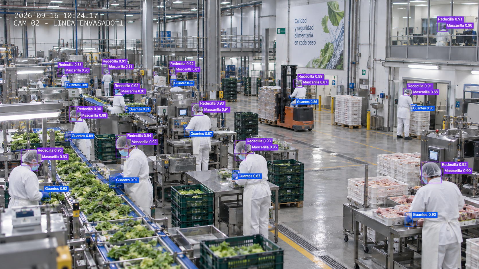 Operarios con bata y redecilla en una planta alimentaria, con EPIs detectados por la IA