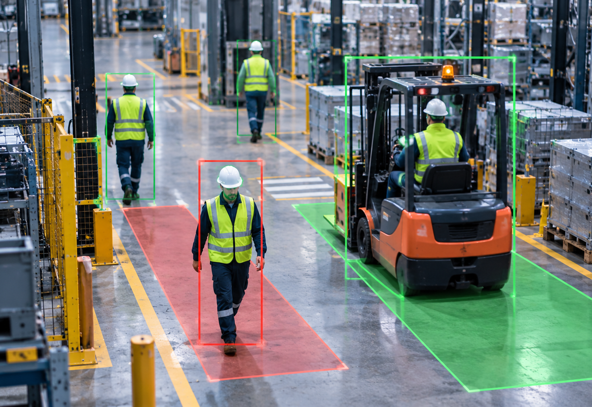 Sistema de visión artificial detectando en tiempo real trabajadores, carretillas elevadoras y zonas de riesgo en una planta industrial.