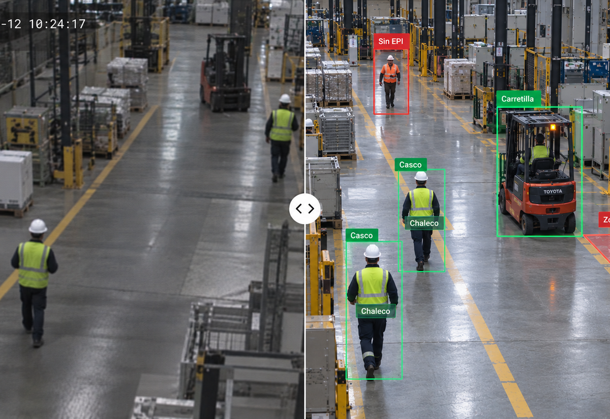 Comparativa entre cámaras CCTV tradicionales y visión artificial en una nave industrial, mostrando la detección automática de trabajadores, carretillas elevadoras, equipos de protección individual y zonas de peligro.