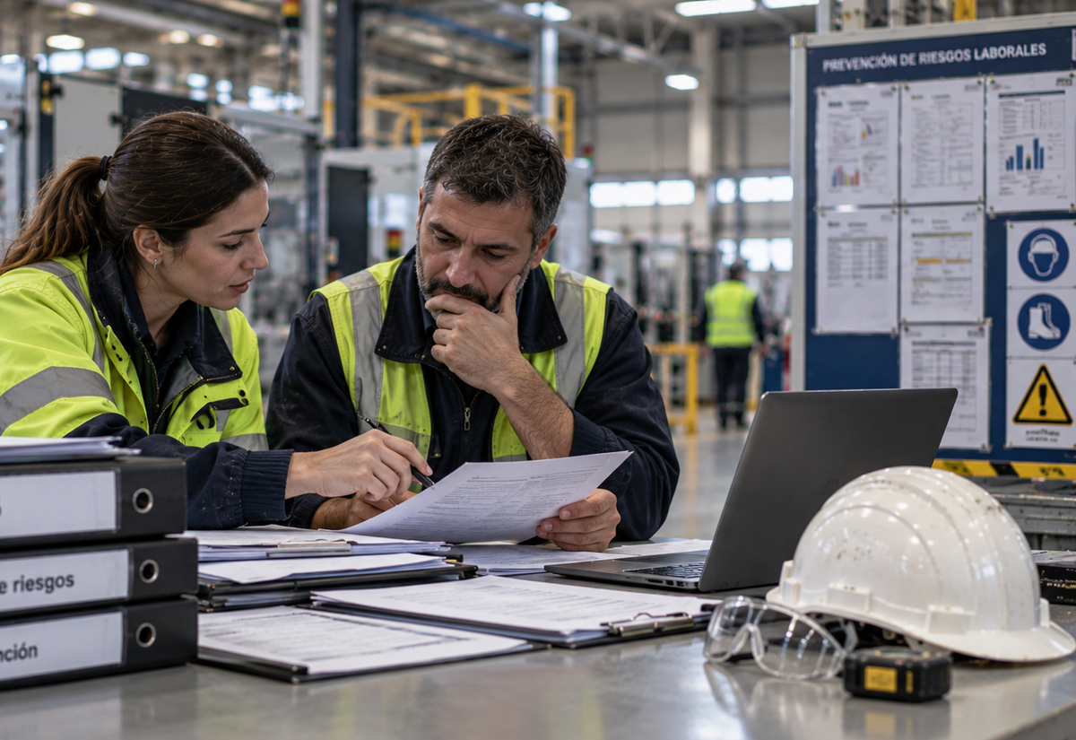 Responsables de prevención revisando la documentación de seguridad laboral en una fábrica para adaptar la evaluación de riesgos y el plan de prevención a la reforma de la normativa de PRL de 2026.