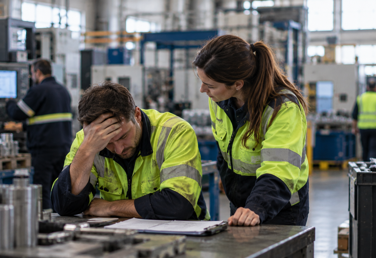 Trabajador industrial mostrando signos de agotamiento mientras una compañera le ofrece apoyo en una fábrica, reflejando la importancia del bienestar laboral y la prevención de riesgos.