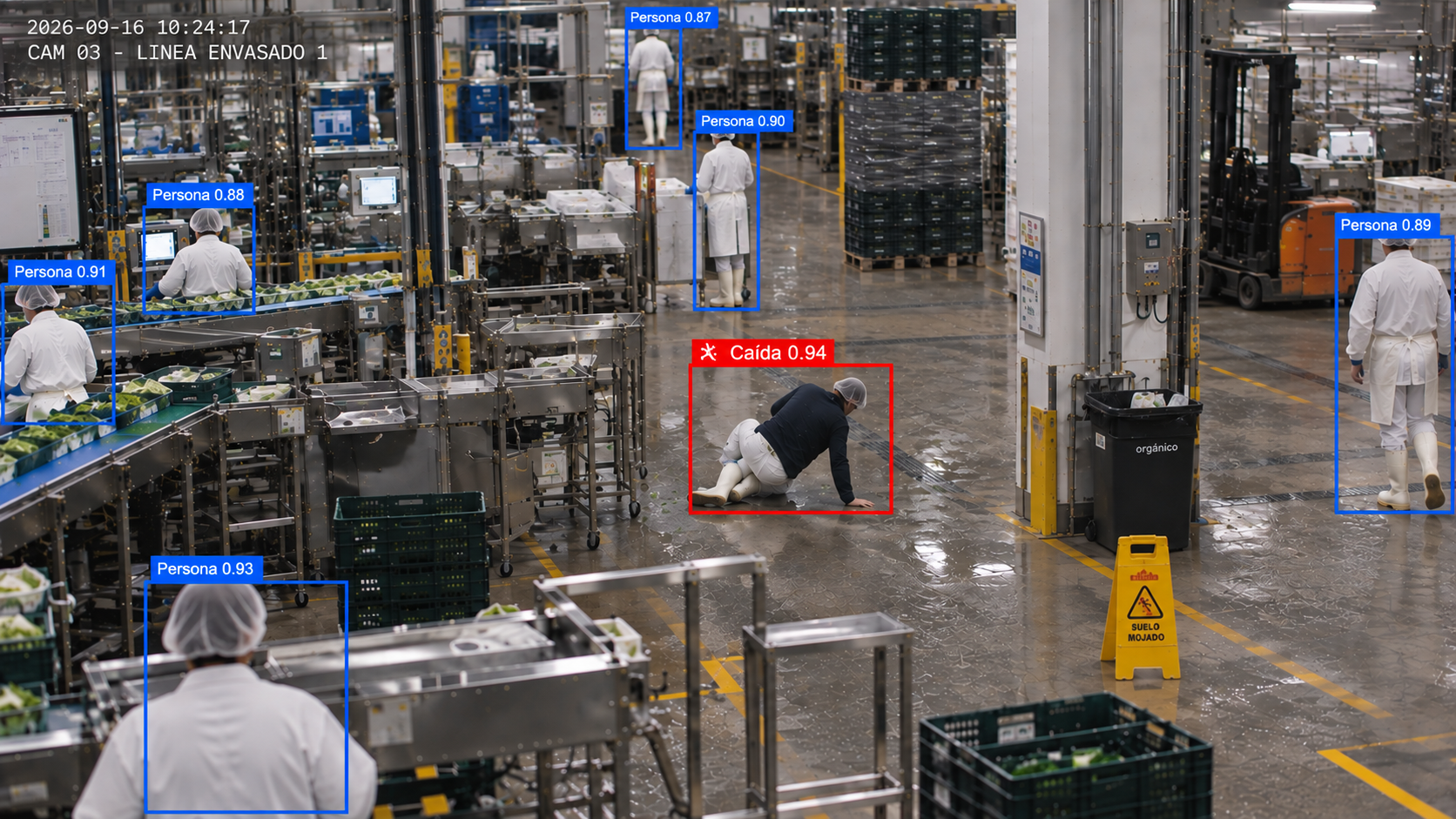 Operario caído junto a una línea de producción alimentaria, detectado por Safe