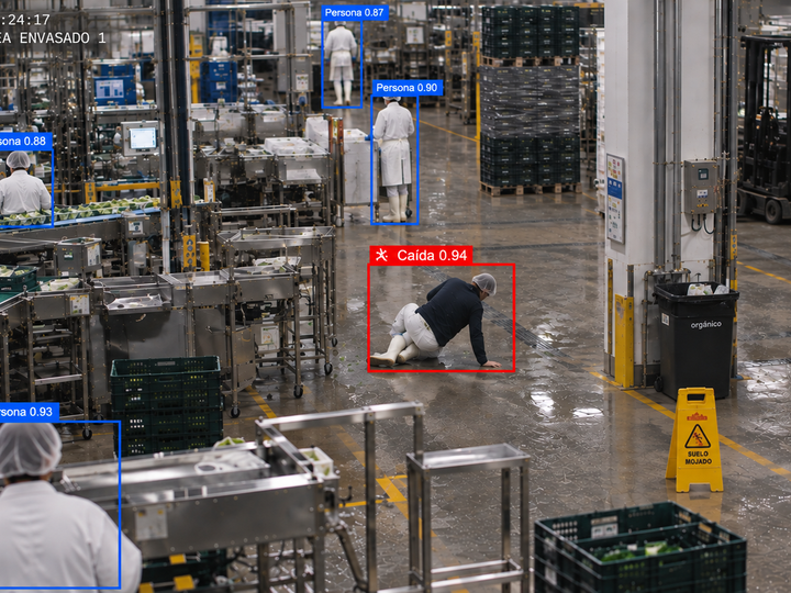 Operario caído junto a una línea de producción alimentaria, detectado por Safe