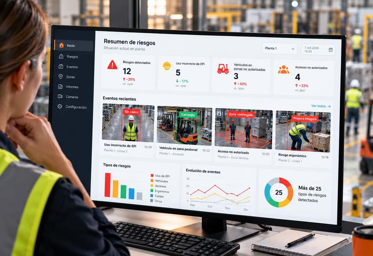 Profesional de seguridad supervisando una plataforma digital de prevención de riesgos laborales con información sobre riesgos, EPIs, vehículos, accesos y eventos de seguridad en una planta industrial.