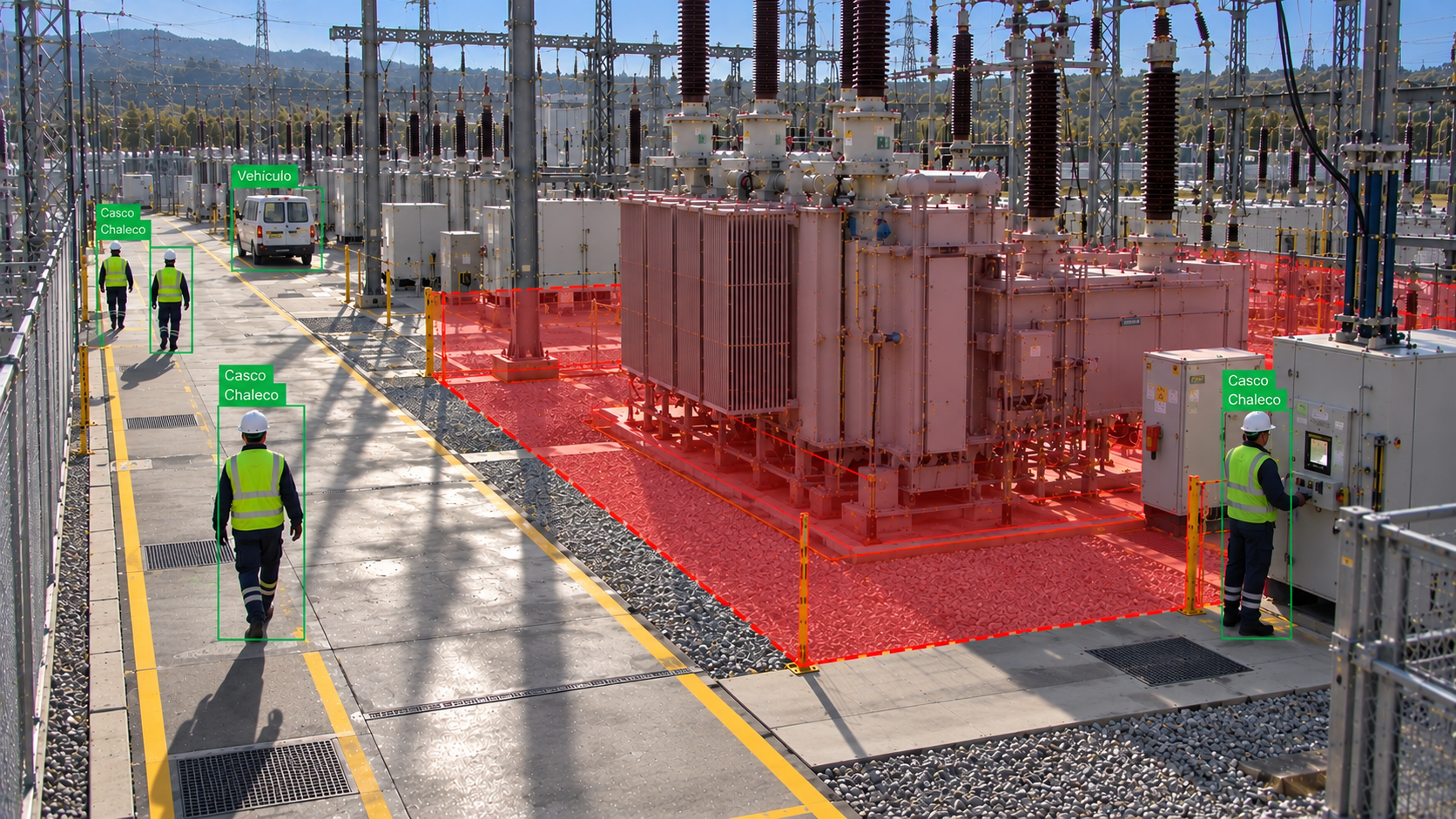 Subestación eléctrica con zona de riesgo señalizada