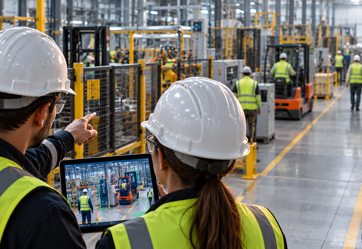 Responsables de seguridad laboral analizando una planta industrial con ayuda de inteligencia artificial y visión artificial.