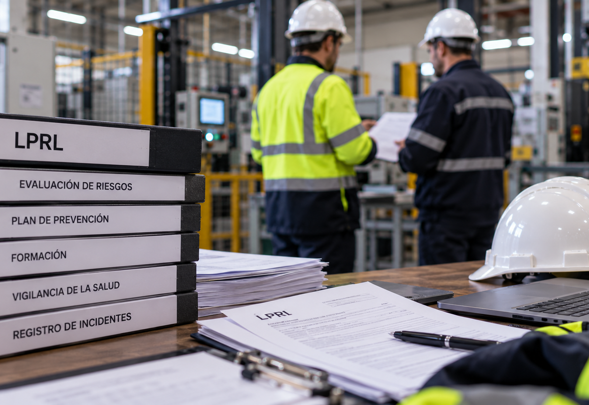 Documentación de prevención de riesgos laborales en una fábrica junto a equipos de protección individual y trabajadores revisando medidas de seguridad.