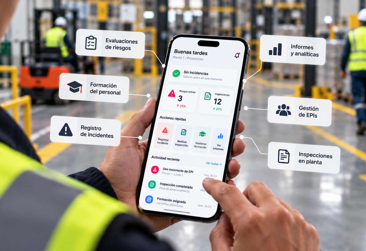 Trabajador utilizando una aplicación móvil para gestionar la prevención de riesgos laborales en una planta industrial.
