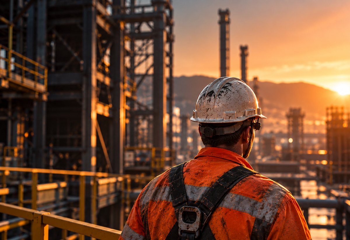 Trabajador con casco, protección auditiva, chaleco reflectante y arnés en una planta industrial de acero al atardecer.