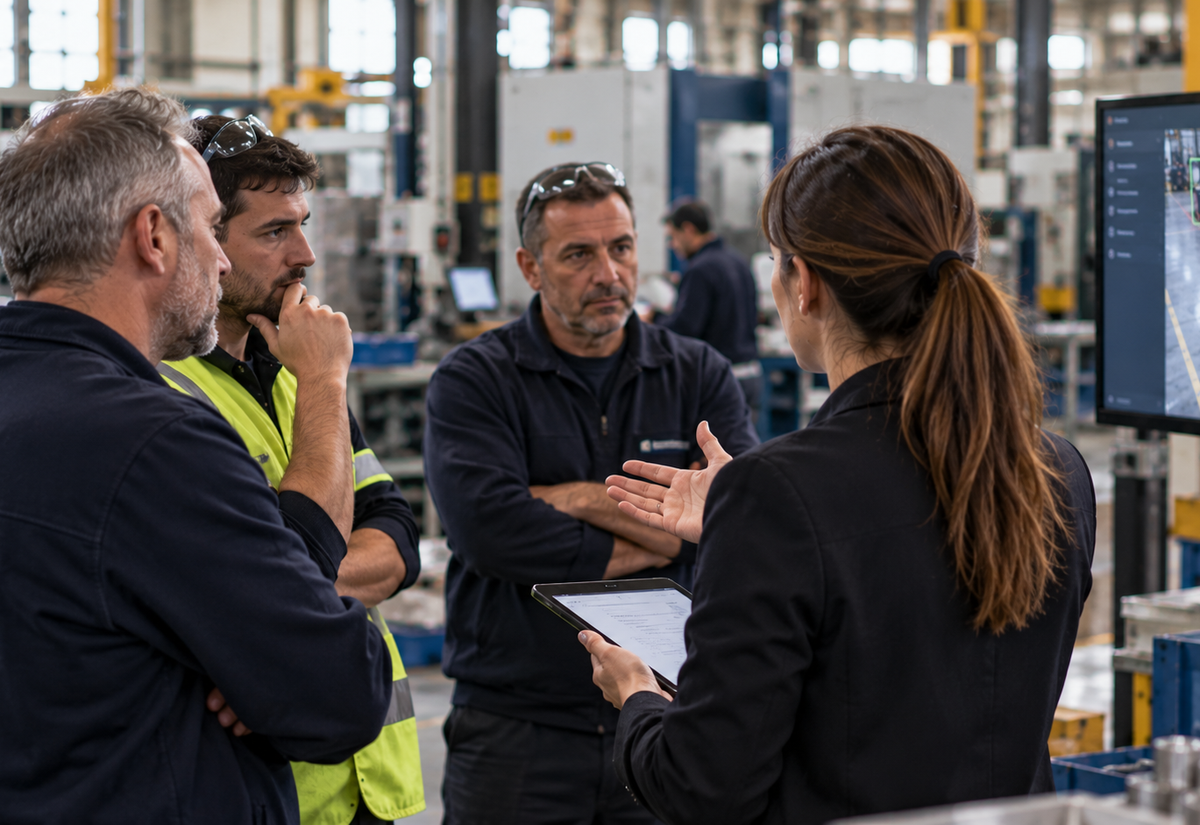 Responsable de planta explicando el uso de inteligencia artificial a trabajadores industriales junto a una pantalla con sistemas de detección de riesgos.