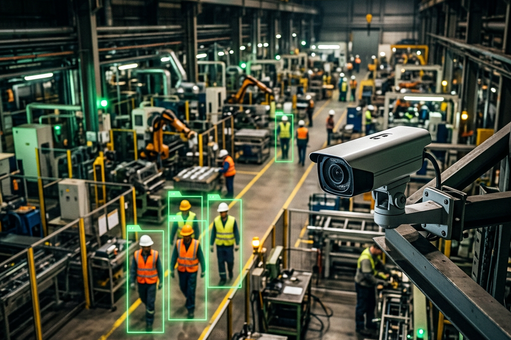 Industrial safety camera with AI computer vision detecting PPE in a manufacturing plant