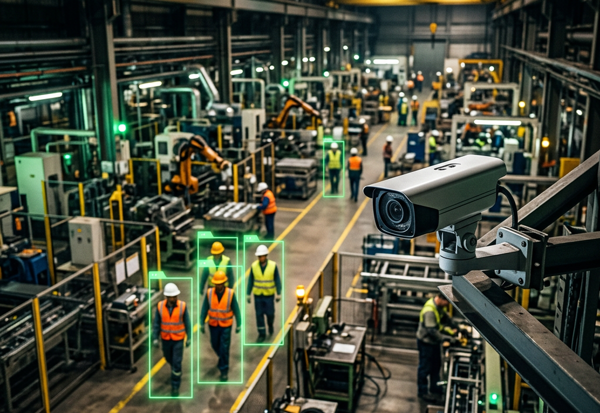 Cámara de seguridad industrial con visión artificial detectando EPIs en fábrica
