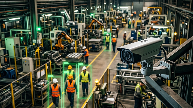 Cámara de seguridad industrial con visión artificial detectando EPIs en fábrica