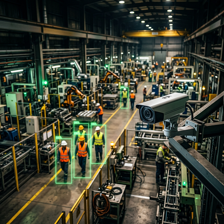 Industrial safety camera with AI computer vision detecting PPE in a manufacturing plant
