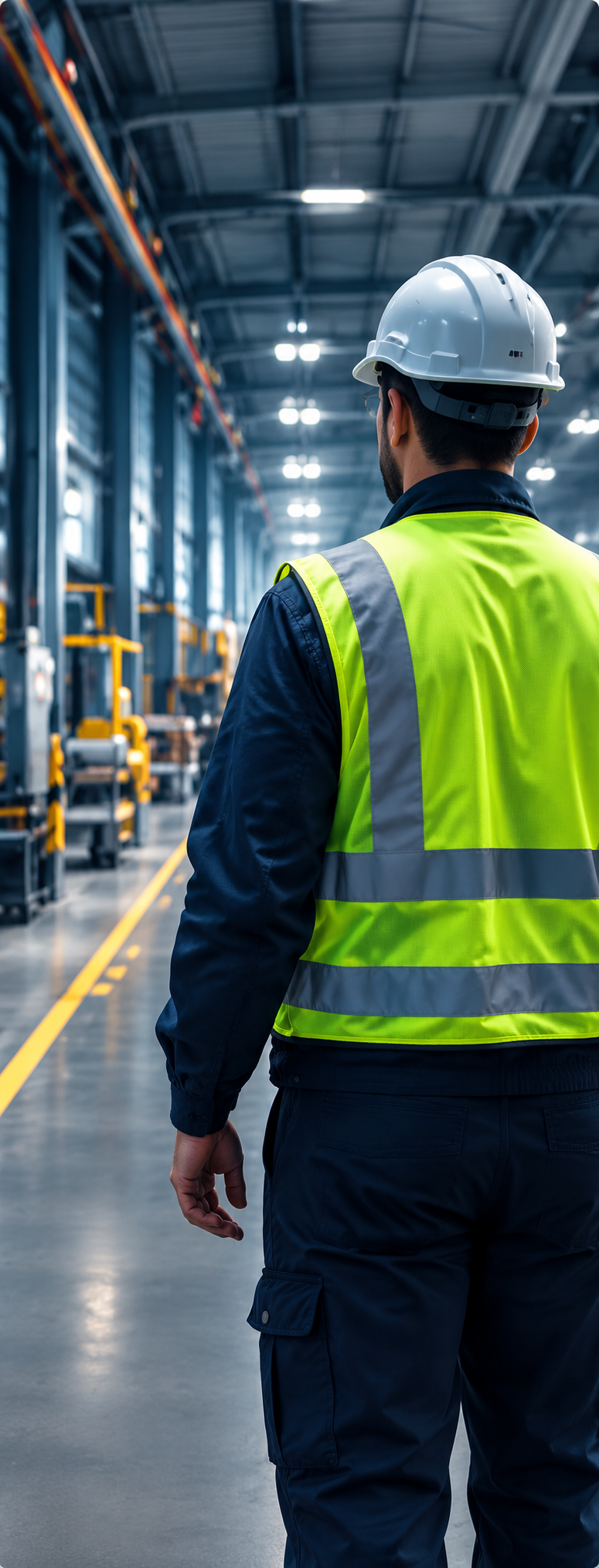 Técnico de seguridad con casco y chaleco caminando por una nave industrial