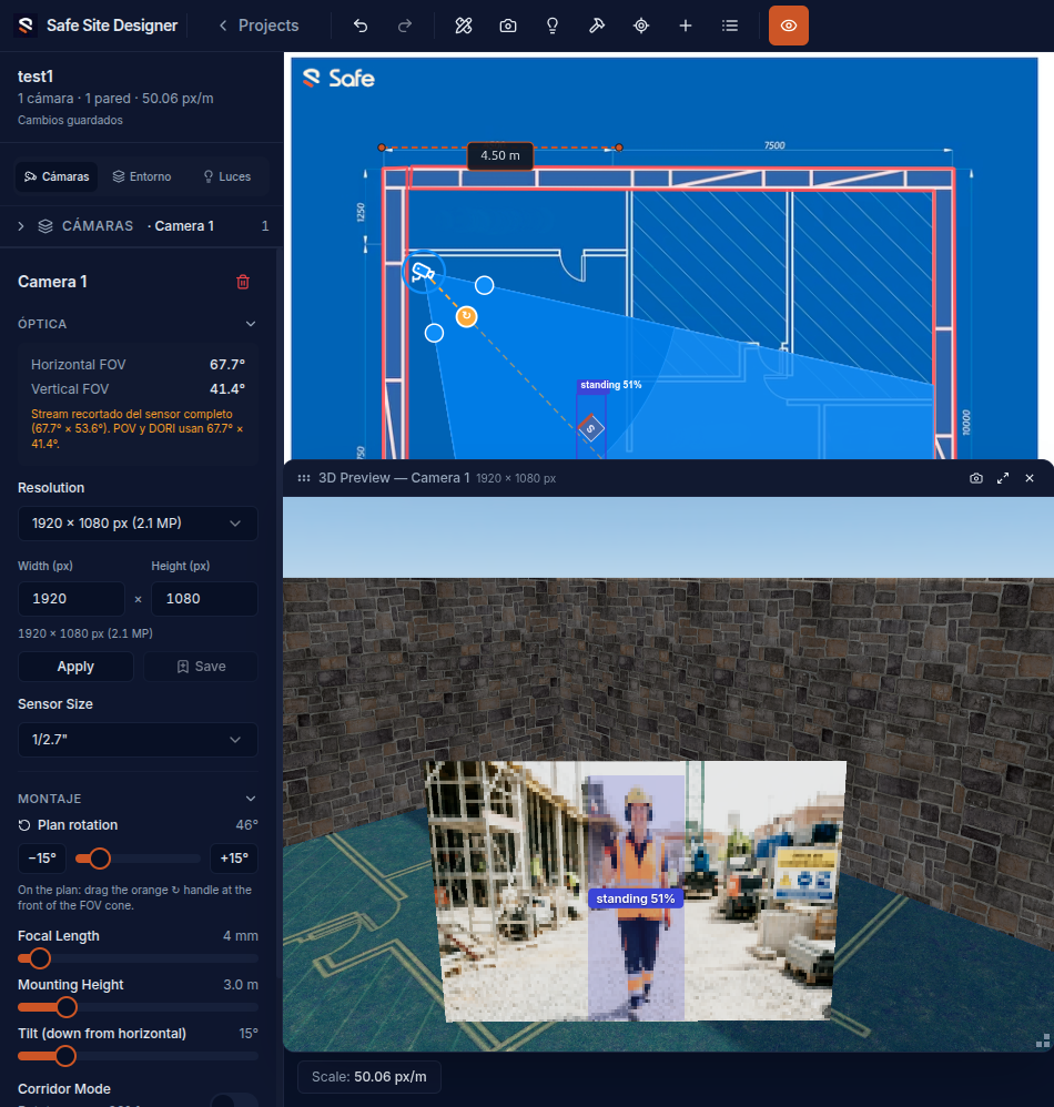 Simulador Safe con detección IA sobre el plano