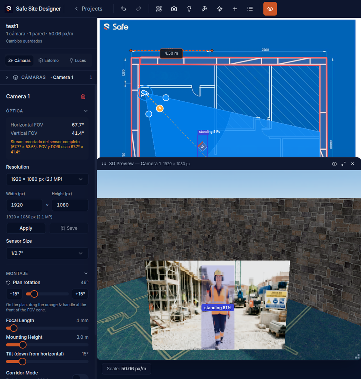 Simulador Safe con detección IA sobre el plano