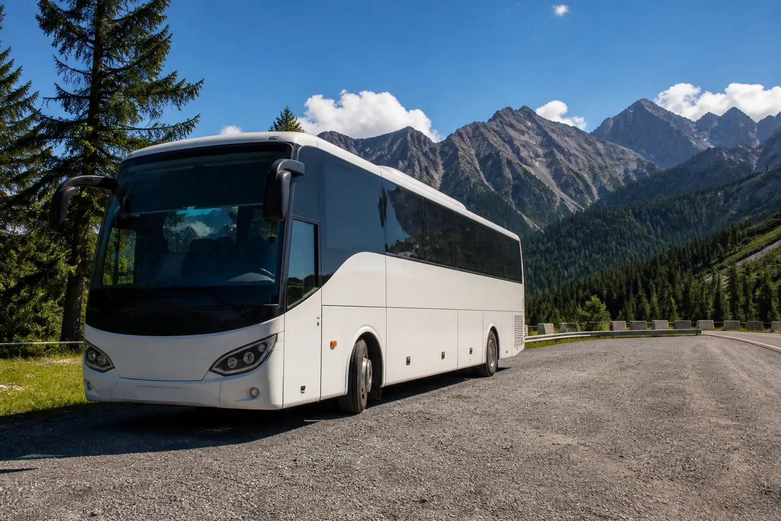 coach bus rural european mountain road parking