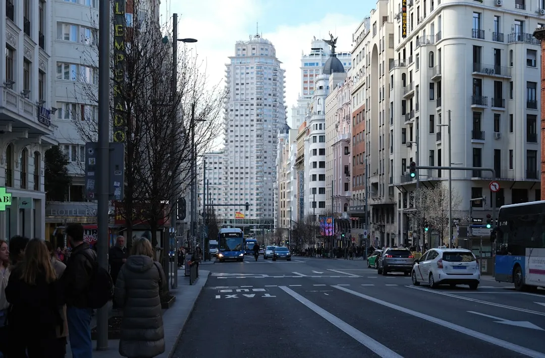 spanish urban bus passengers city street madrid