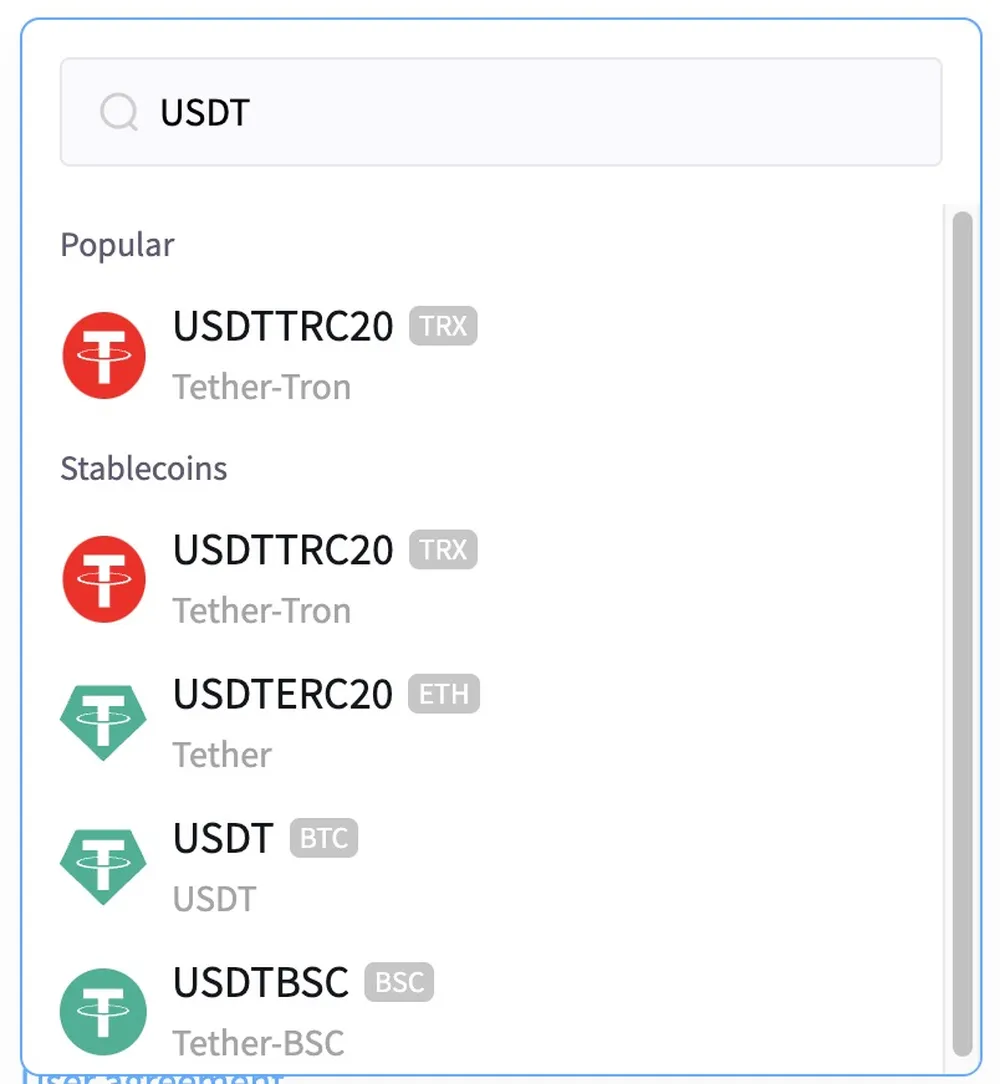 Select USDT and Your Preferred Blockchain Network