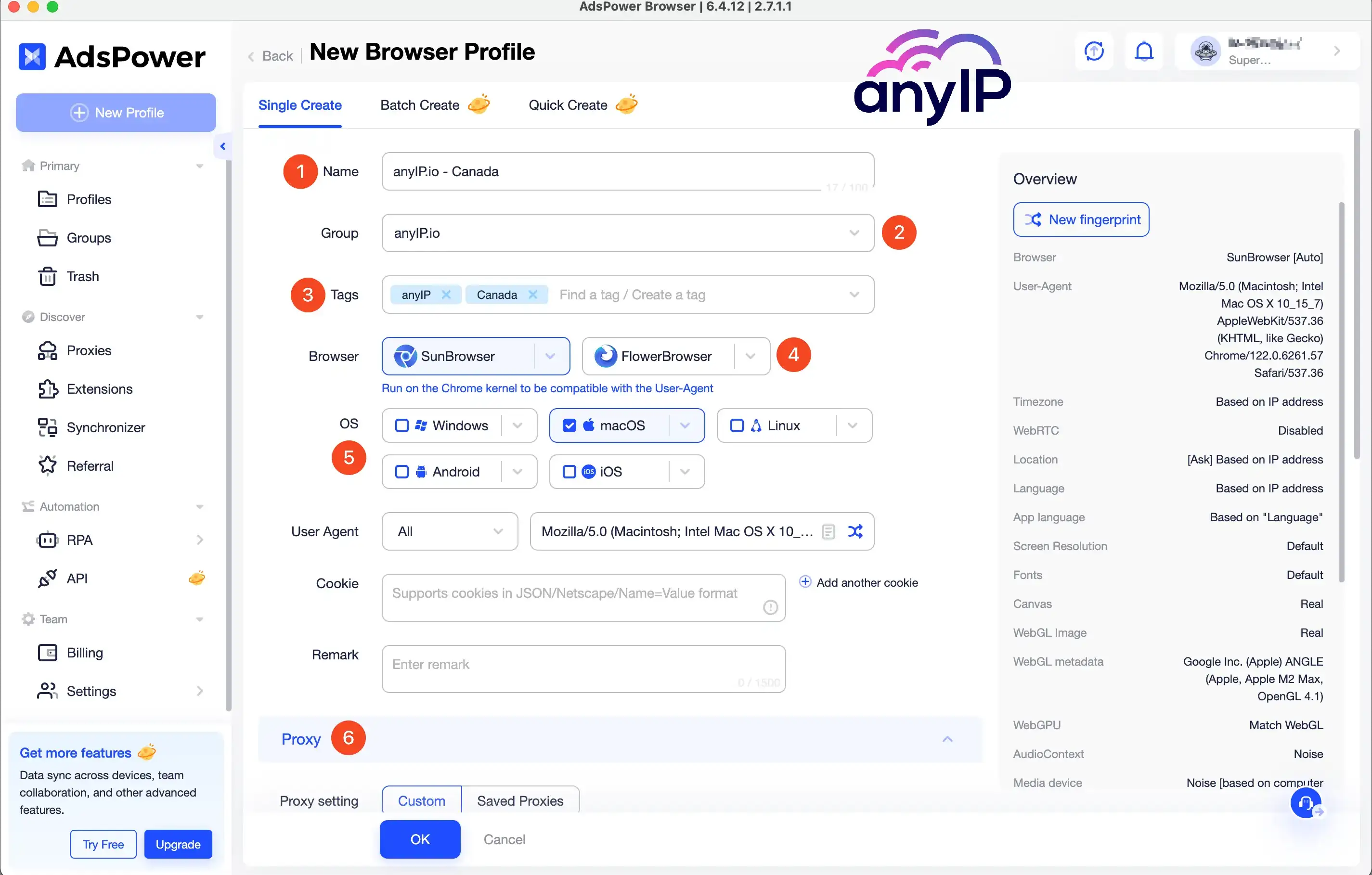 Profile creation form with field to specify basic information such as name, group, browser or proxy