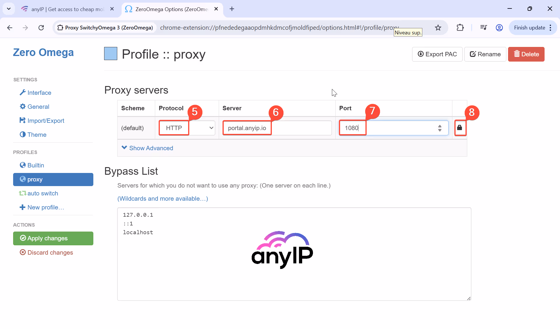 A detailed walkthrough of the proxy configuration process in SwitchyOmega (ZeroOmega)