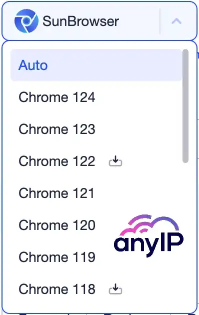 Dropdown menu displaying all the SunBrowser’s available versions