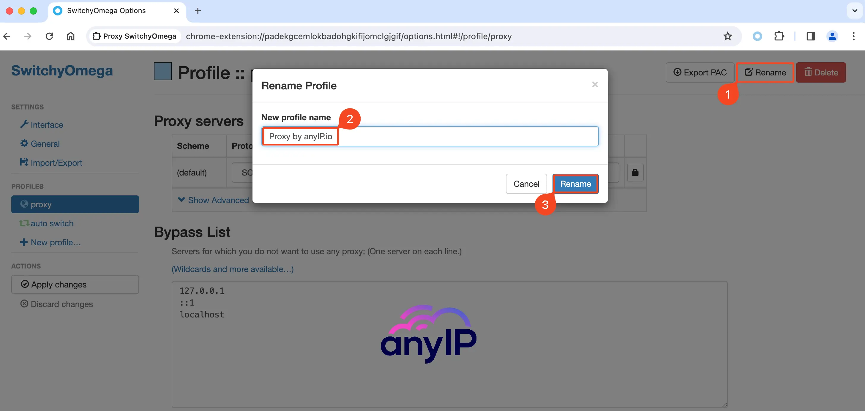 Easily rename a profile in Proxy SwitchyOmega 3 on Chrome.