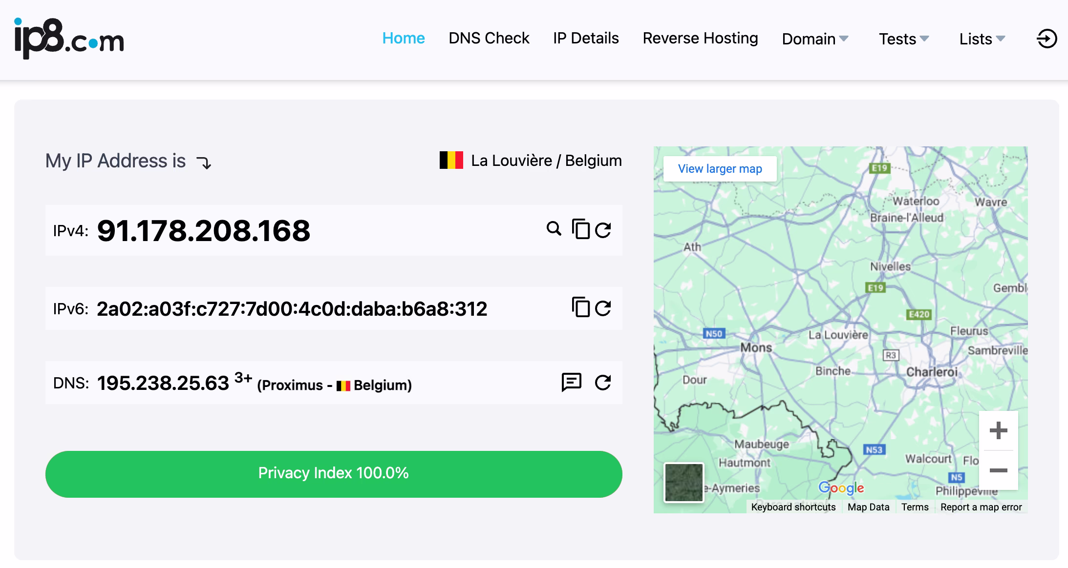 IP8.com results from a profile on Hidemyacc.