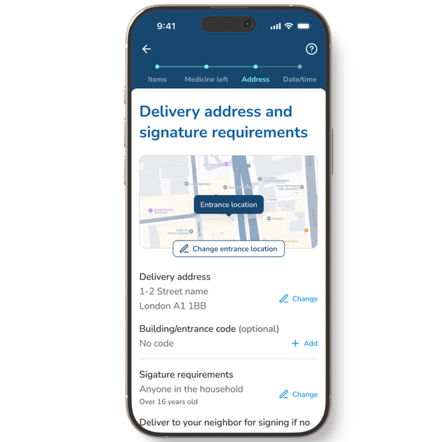 Smartphone screen showing a delivery address form with a map, location pin, and sections for address details and signature requirements.