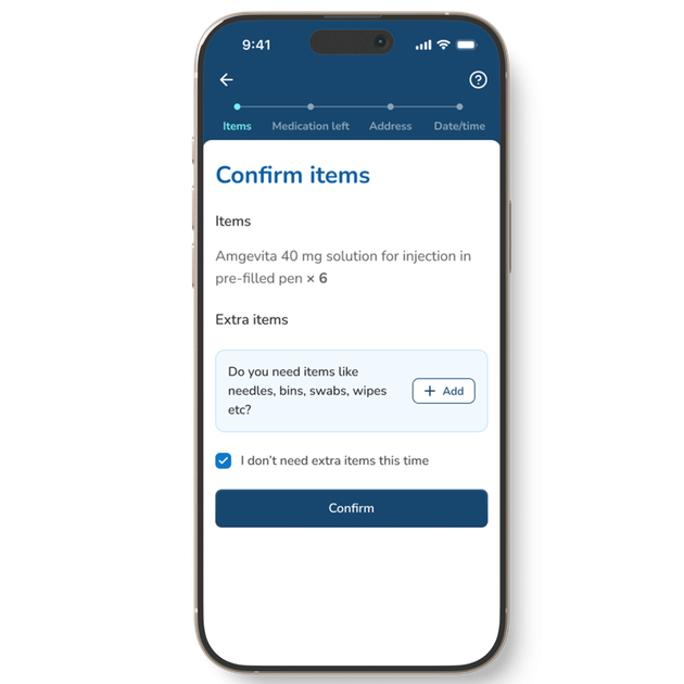 Smartphone screen showing a medication order confirmation page, listing "Amgevita 40 mg," with options to add extra items or confirm.
