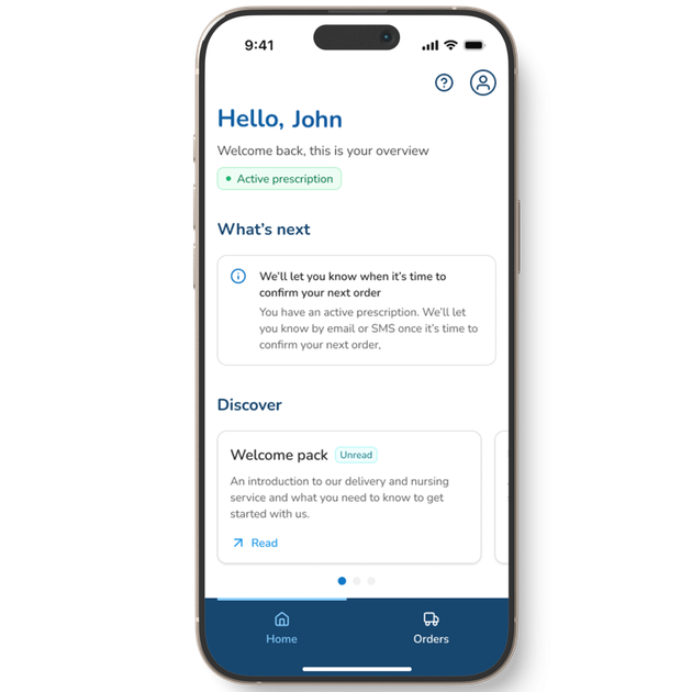 Smartphone screen displaying a health app interface showing prescription status, a welcome pack message, and navigation icons for Home and Orders.