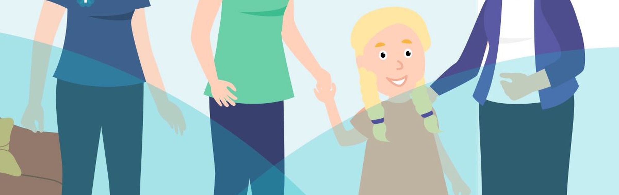 Illustration of four smiling women spanning different ages standing together, with the youngest holding hands with an older woman.