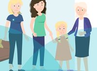 Illustration of four smiling women spanning different ages standing together, with the youngest holding hands with an older woman.