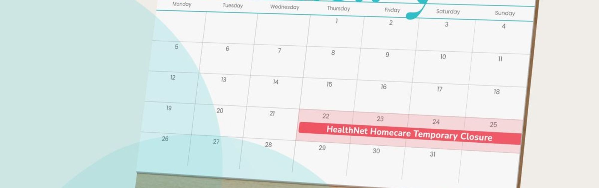 Desk calendar for January 2026 on a stand, highlighting "HealthNet Homecare Temporary Closure" on January 19.