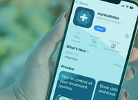 Person holding a smartphone displaying the myHealthNet app page with options to open or update the app.